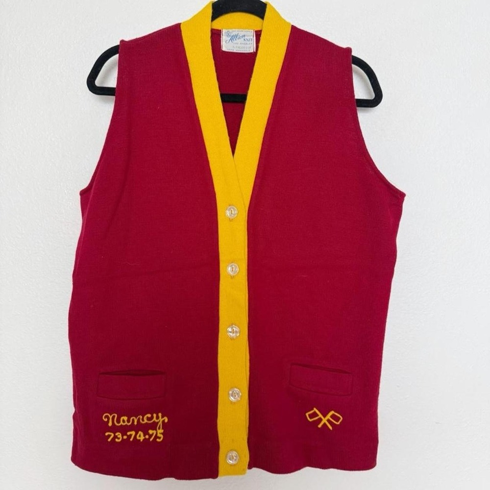 Vintage 70s Albion Knit Chain Stitch Varsity Cardigan Sweater Vest Unisex